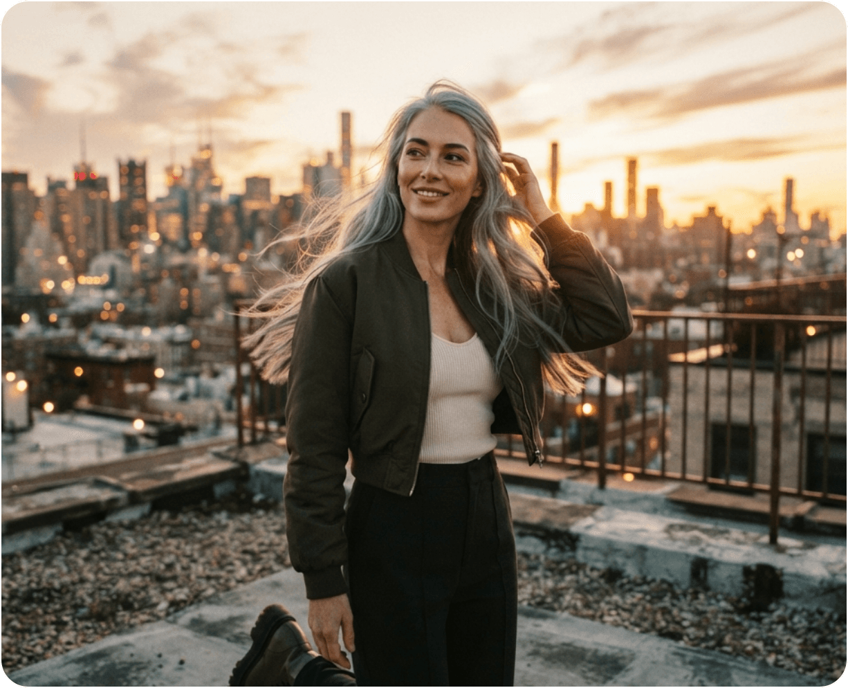 Aria on a rooftop at dusk, rendered as a 5 second clip